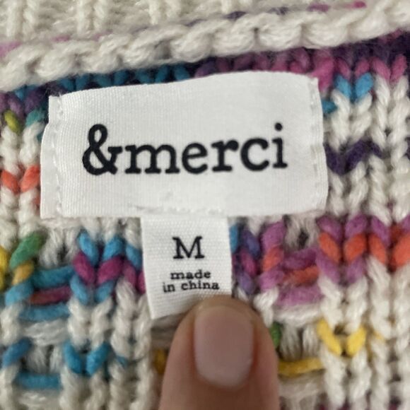 &merci Sweater Women M Multicolor Rainbow Chunky Knit Open Cardigan Tweed Bold - Picture 3 of 7